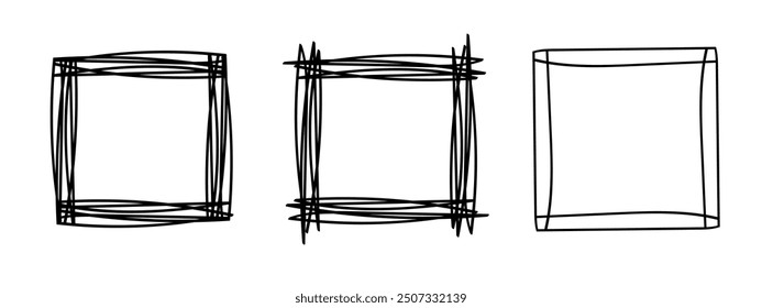 Quadratische Doodle-Rahmen, handgezeichnete Monogramme.Kanten und Kader mit einfachen skizzenhaften Designelementen.Einzeln. Vektorgrafik.