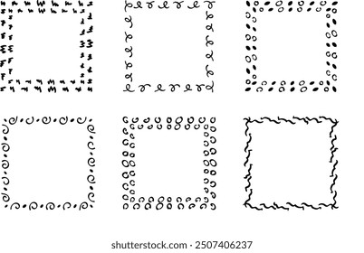 Quadratische Doodle-Rahmen, handgezeichnete Monogramme.Kanten und Kader mit einfachen skizzenhaften Designelementen.Einzeln. Vektorgrafik.