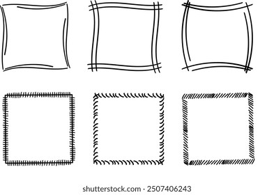 Quadratische Doodle-Rahmen, handgezeichnete Monogramme.Kanten und Kader mit einfachen skizzenhaften Designelementen.Einzeln. Vektorgrafik.