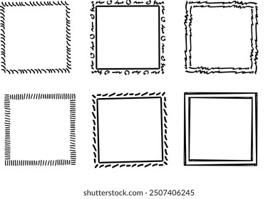 Quadratische Doodle-Rahmen, handgezeichnete Monogramme.Kanten und Kader mit einfachen skizzenhaften Designelementen.Einzeln. Vektorgrafik.