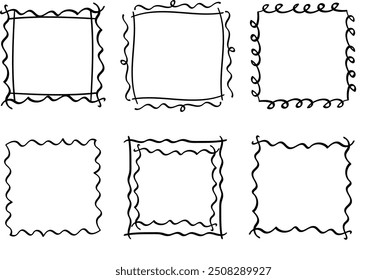 Square doodle frames ,hand-drawn monograms.Edgings and cadres with simple sketchy design elements.Isolated. Vector illustration.