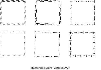 Quadratische Doodle-Rahmen, handgezeichnete Monogramme.Kanten und Kader mit einfachen skizzenhaften Designelementen.Einzeln. Vektorgrafik.