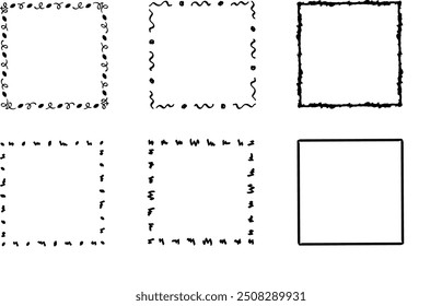 Quadratische Doodle-Rahmen, handgezeichnete Monogramme.Kanten und Kader mit einfachen skizzenhaften Designelementen.Einzeln. Vektorgrafik.