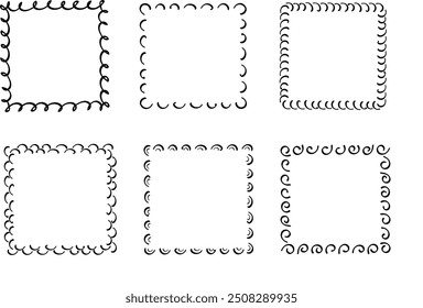 Quadratische Doodle-Rahmen, handgezeichnete Monogramme.Kanten und Kader mit einfachen skizzenhaften Designelementen.Einzeln. Vektorgrafik.