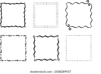 Quadratische Doodle-Rahmen, handgezeichnete Monogramme.Kanten und Kader mit einfachen skizzenhaften Designelementen.Einzeln. Vektorgrafik.