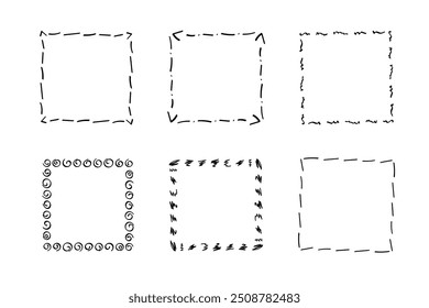 Quadratische Doodle-Rahmen, handgezeichnete Monogramme.Kanten und Kader mit einfachen skizzenhaften Designelementen.Einzeln. Vektorgrafik.