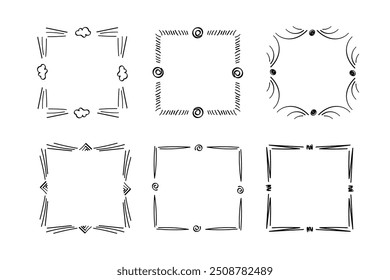 Quadratische Doodle-Rahmen, handgezeichnete Monogramme.Kanten und Kader mit einfachen skizzenhaften Designelementen.Einzeln. Vektorgrafik.