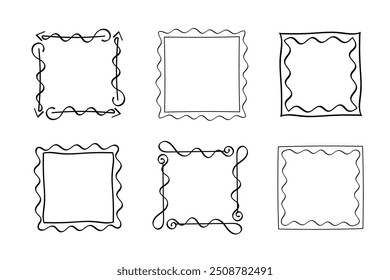 Quadratische Doodle-Rahmen, handgezeichnete Monogramme.Kanten und Kader mit einfachen skizzenhaften Designelementen.Einzeln. Vektorgrafik.