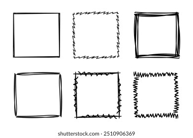 Square doodle frames ,hand-drawn monograms.Edgings and cadres with simple sketchy design elements.Isolated. Vector illustration.