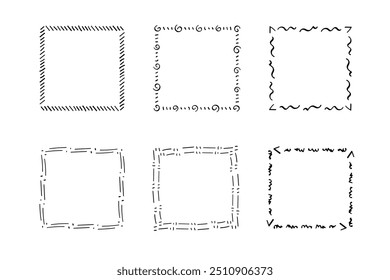 Quadratische Doodle-Rahmen, handgezeichnete Monogramme.Kanten und Kader mit einfachen skizzenhaften Designelementen.Einzeln. Vektorgrafik.