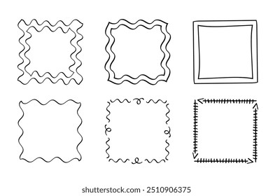 Quadratische Doodle-Rahmen, handgezeichnete Monogramme.Kanten und Kader mit einfachen skizzenhaften Designelementen.Einzeln. Vektorgrafik.