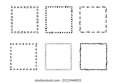 Quadratische Doodle-Rahmen, handgezeichnete Monogramme.Kanten und Kader mit einfachen skizzenhaften Designelementen.Einzeln. Vektorgrafik.