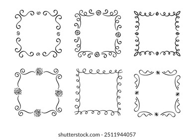 Quadratische Doodle-Rahmen, handgezeichnete Monogramme.Kanten und Kader mit einfachen skizzenhaften Designelementen.Einzeln. Vektorgrafik.