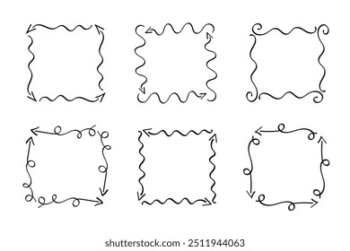 Quadratische Doodle-Rahmen, handgezeichnete Monogramme.Kanten und Kader mit einfachen skizzenhaften Designelementen.Einzeln. Vektorgrafik.