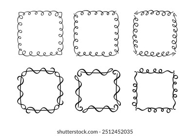 Quadratische Doodle-Rahmen, handgezeichnete Monogramme.Kanten und Kader mit einfachen skizzenhaften Designelementen.Einzeln. Vektorgrafik.