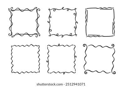 Quadratische Doodle-Rahmen, handgezeichnete Monogramme.Kanten und Kader mit einfachen skizzenhaften Designelementen.Einzeln. Vektorgrafik.