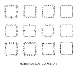 Quadratische Doodle-Rahmen, handgezeichnete Monogramme.Kanten und Kader mit einfachen skizzenhaften Designelementen.Einzeln. Vektorgrafik