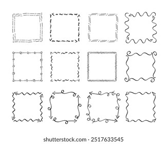 Quadratische Doodle-Rahmen, handgezeichnete Monogramme.Kanten und Kader mit einfachen skizzenhaften Designelementen.Einzeln. Vektorgrafik