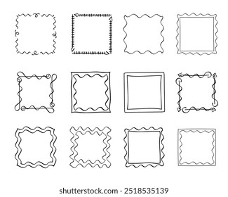 Quadratische Doodle-Rahmen, handgezeichnete Monogramme.Kanten und Kader mit einfachen skizzenhaften Designelementen.Einzeln. Vektorgrafik