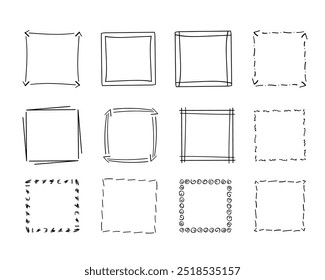 Square doodle frames ,hand-drawn monograms.Edgings and cadres with simple sketchy design elements.Isolated. Vector illustration