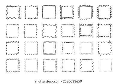 Quadratische Doodle-Rahmen, handgezeichnete Monogramme.Kanten und Kader mit einfachen skizzenhaften Designelementen.Einzeln. Vektorgrafik