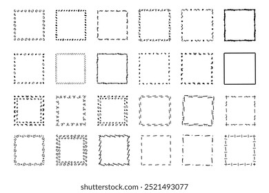 Quadratische Doodle-Rahmen, handgezeichnete Monogramme.Kanten und Kader mit einfachen skizzenhaften Designelementen.Einzeln. Vektorgrafik