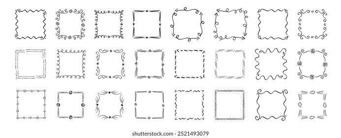 Quadratische Doodle-Rahmen, handgezeichnete Monogramme.Kanten und Kader mit einfachen skizzenhaften Designelementen.Einzeln. Vektorgrafik