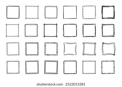 Quadratische Doodle-Rahmen, handgezeichnete Monogramme.Kanten und Kader mit einfachen skizzenhaften Designelementen.Einzeln. Vektorgrafik