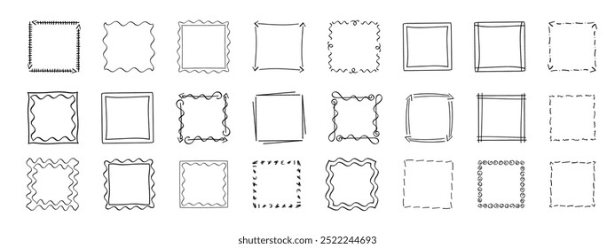 Quadratische Doodle-Rahmen, handgezeichnete Monogramme.Kanten und Kader mit einfachen skizzenhaften Designelementen.Einzeln. Vektorgrafik