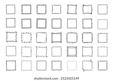 Quadratische Doodle-Rahmen, handgezeichnete Monogramme.Kanten und Kader mit einfachen skizzenhaften Designelementen.Einzeln. Vektorgrafik