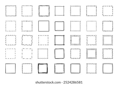 Quadratische Doodle-Rahmen, handgezeichnete Monogramme.Kanten und Kader mit einfachen skizzenhaften Designelementen.Einzeln. Vektorgrafik