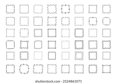 Quadratische Doodle-Rahmen, handgezeichnete Monogramme.Kanten und Kader mit einfachen skizzenhaften Designelementen.Einzeln. Vektorgrafik