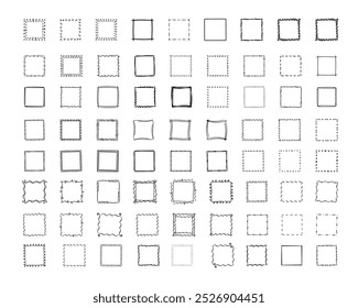 Quadratische Doodle-Rahmen, handgezeichnete Monogramme.Kanten und Kader mit einfachen skizzenhaften Designelementen.Einzeln. Vektorgrafik