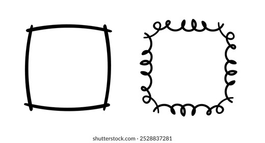 Quadratische Doodle-Rahmen, handgezeichnete Monogramme.Kanten und Kader mit einfachen skizzenhaften Designelementen.Einzeln. Vektorgrafik.
