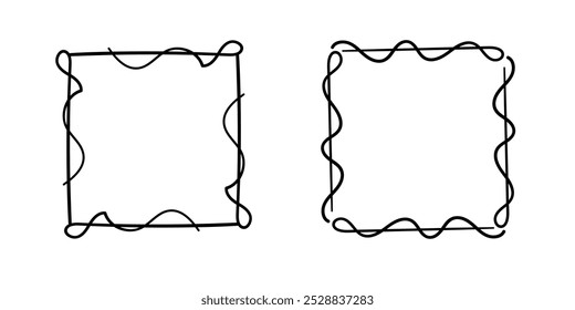 Quadratische Doodle-Rahmen, handgezeichnete Monogramme.Kanten und Kader mit einfachen skizzenhaften Designelementen.Einzeln. Vektorgrafik.
