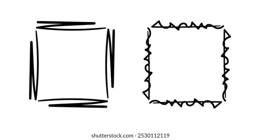 Quadratische Doodle-Rahmen, handgezeichnete Monogramme.Kanten und Kader mit einfachen skizzenhaften Designelementen.Einzeln. Vektorgrafik.
