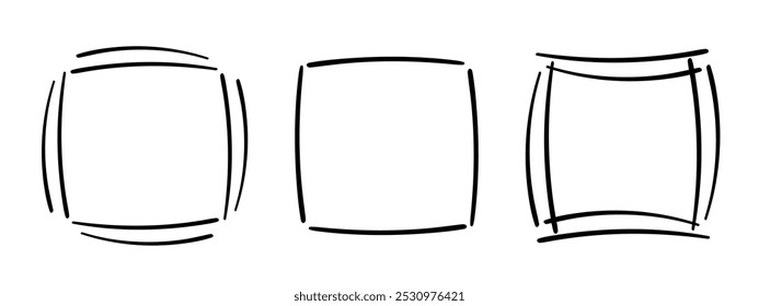 Quadratische Doodle-Rahmen, handgezeichnete Monogramme.Kanten und Kader mit einfachen skizzenhaften Designelementen.Einzeln. Vektorgrafik.
