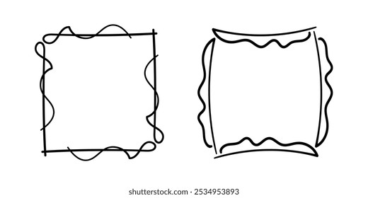 Quadratische Doodle-Rahmen, handgezeichnete Monogramme.Kanten und Kader mit einfachen skizzenhaften Designelementen.Einzeln. Vektorgrafik.
