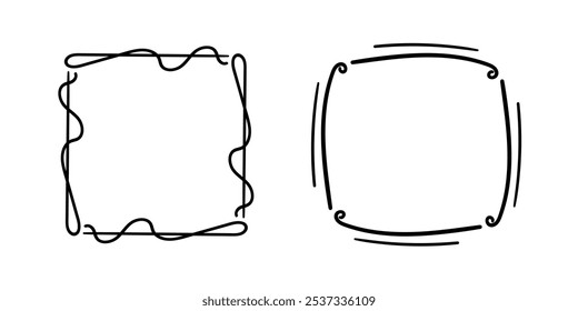 Quadratische Doodle-Rahmen, handgezeichnete Monogramme.Kanten und Kader mit einfachen skizzenhaften Designelementen.Einzeln. Vektorgrafik.
