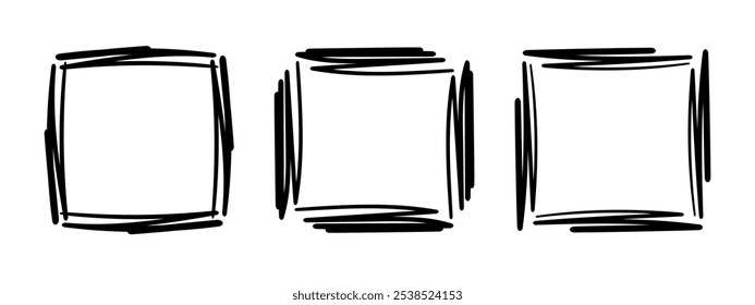 Quadratische Doodle-Rahmen, handgezeichnete Monogramme.Kanten und Kader mit einfachen skizzenhaften Designelementen.Einzeln. Vektorgrafik.
