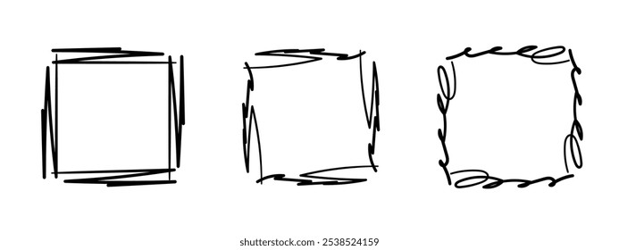 Quadratische Doodle-Rahmen, handgezeichnete Monogramme.Kanten und Kader mit einfachen skizzenhaften Designelementen.Einzeln. Vektorgrafik.
