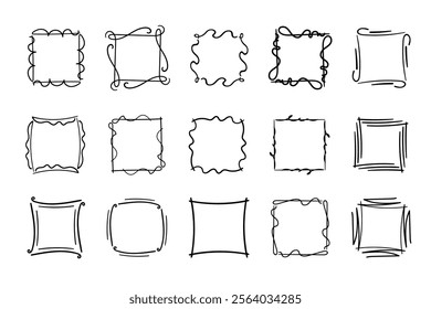 Square doodle frames ,hand-drawn monograms.Edgings and cadres with simple sketchy design elements.Isolated. Vector illustration.