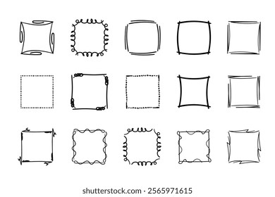 Square doodle frames ,hand-drawn monograms.Edgings and cadres with simple sketchy design elements.Isolated. Vector illustration.