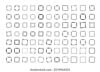 Square doodle frames ,hand-drawn monograms.Edgings and cadres with simple sketchy design elements.Isolated. Vector illustration.