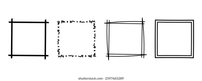 Square doodle frames ,hand-drawn monograms.Edgings and cadres with simple sketchy design elements.Isolated. Vector illustration.