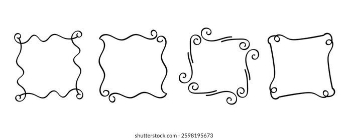 Square doodle frames ,hand-drawn monograms.Edgings and cadres with simple sketchy design elements.Isolated. Vector illustration.