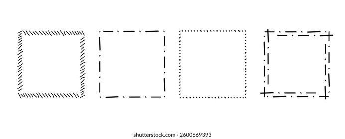 Square doodle frames ,hand-drawn monograms.Edgings and cadres with simple sketchy design elements.Isolated. Vector illustration.