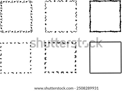 Square doodle frames ,hand-drawn monograms.Edgings and cadres with simple sketchy design elements.Isolated. Vector illustration.