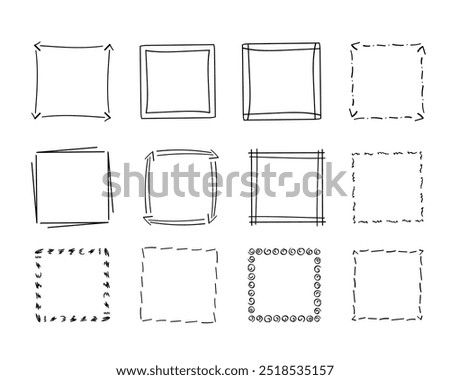 Square doodle frames ,hand-drawn monograms.Edgings and cadres with simple sketchy design elements.Isolated. Vector illustration