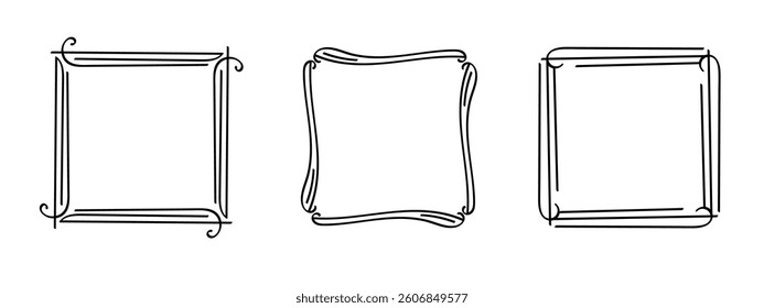 Square doodle frames, hand-drawn wavy curly monograms. Edgings and cadres with simple sketchy scribble swirl design elements. Isolated. Vector illustration.